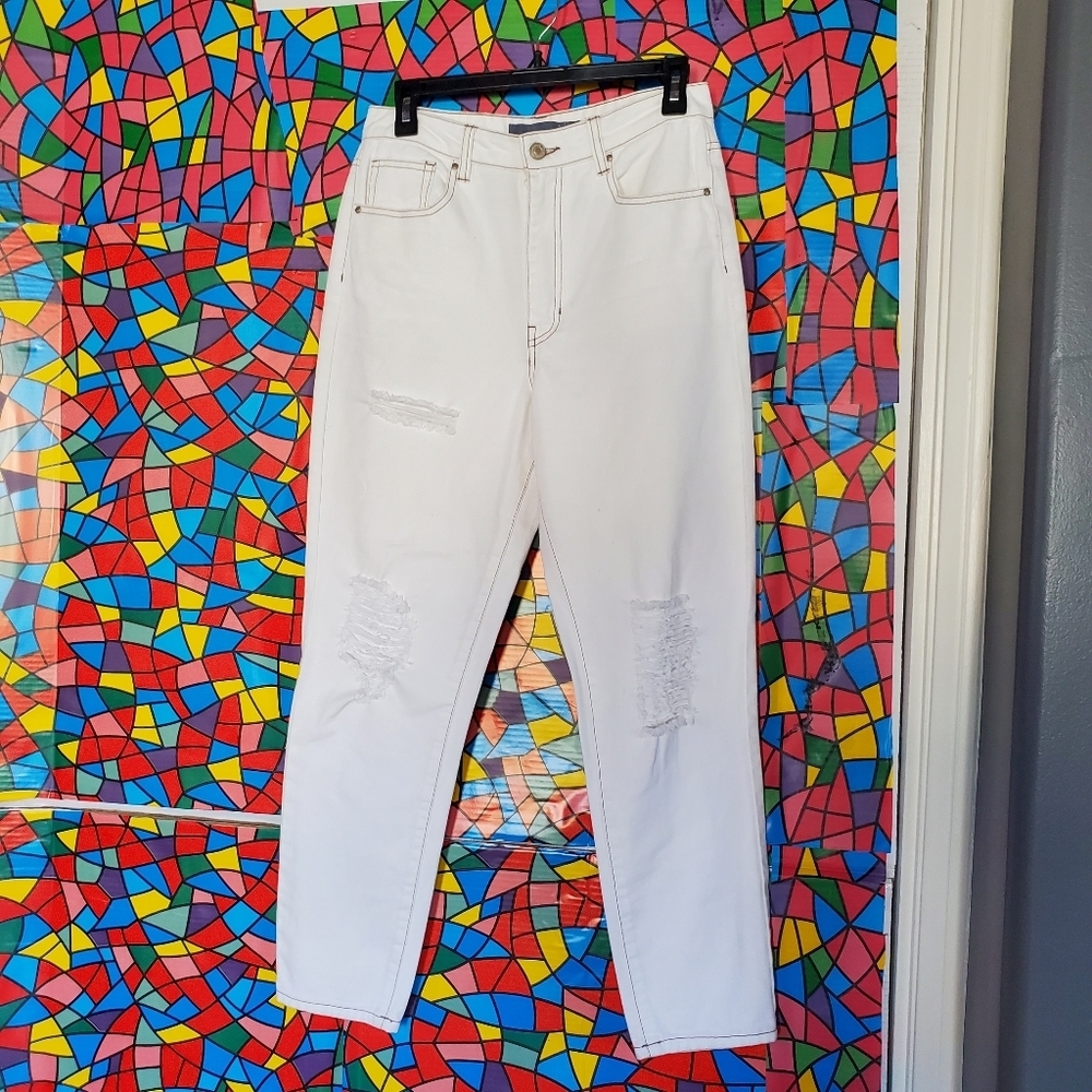 Indigo Rising Denim White Jeans High-rise Distress Straight‎ Leg Size 5/27